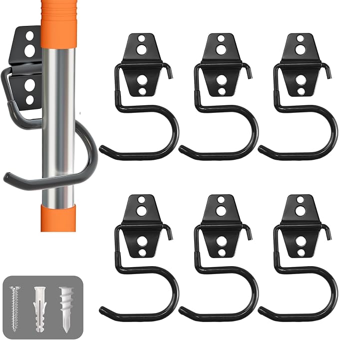 Broom Holder Wall Mount, 6 Pack Tool Hangers Garage Wall Hanging Organizer | Heavy Duty Rubber Coated Steel, Large S Garage Hooks for Mop Shovel Rake Shed Garden Lawn Yard Handle Tools Organization