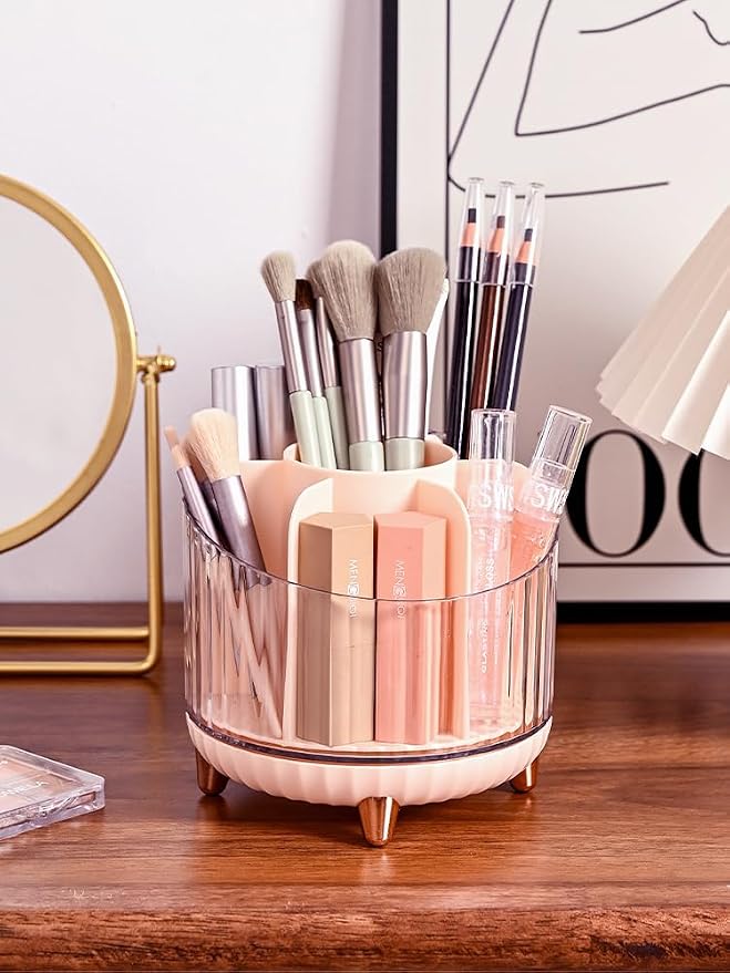 Rotating Desk Organizer with 7 Slots, 360-Degree Pencil Holder, Office Supply Storage for Home, School (Transparent Pink)