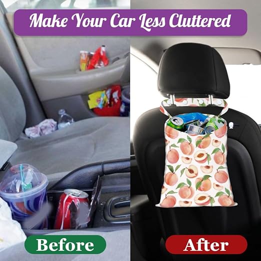 Peach Strap Drawstring Car Trash Bag Hanging Garbage Bag with Snap Buttons Car Back Seat Trash Storage Portable Dustbin Vehicle Trash Can Bag for Vehicle Accessories Travel Camping