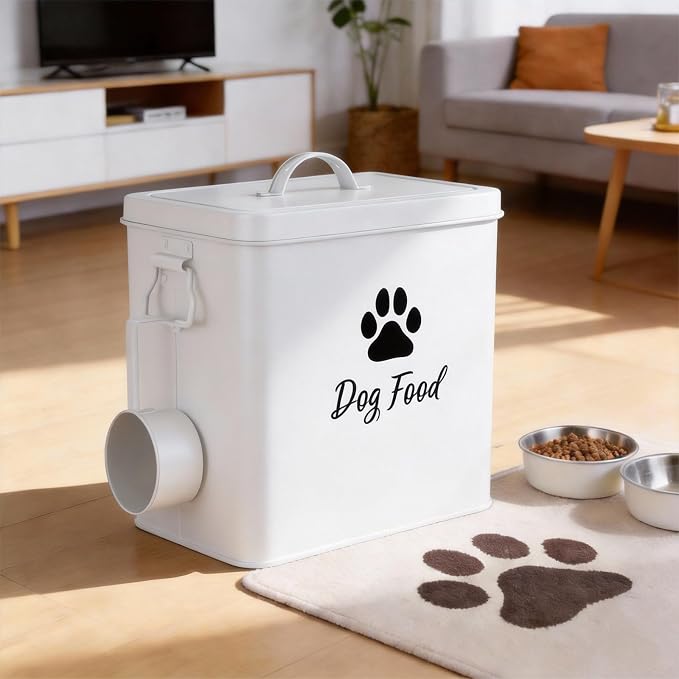 Dog Food Container 6.6lb, Cute Airtight Pet Treat Storage Containers with Metal Lid Scoop, Metal Storage Bin for Dog/Cat Durable Airtight Great Gift for Pet Owners-White