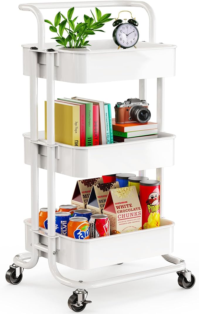 Pipishell 3 Tier Rolling Cart, Metal Utility Cart with Wheels and Handle, Rolling Storage Cart for Nursery Room, Living Room, Painting Room, Office and Kitchen, White