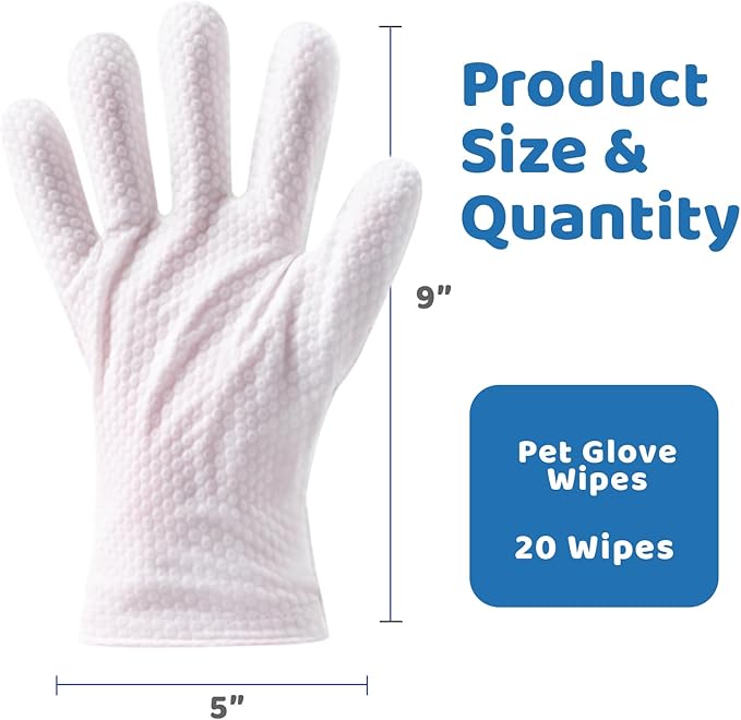 Pet Glove Wipes for Dogs & Cats, No Rinse Full Body Cleaning Large Gloves (9.84 x 9.05 inch), Gentle Grooming for Paws Face Ears Eyes Coat, Alcohol Free, 20 Count