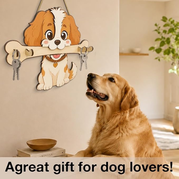 Dog Leash Holder for Wall, Cute Dog Leash and Key Organizer, Cute Puppy Wooden Key Holder Wall Mount with 4 Keys Hooks for Collars, Entryway Garage Living Room Kitchen Mudroom
