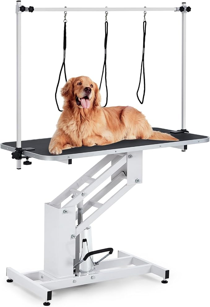 GarveeHome 43.6 in Pet Grooming Table for Large Dogs, Heavy Duty Height Adjustable Dog Grooming Table With Overhead Arm & Noose Height Range 22 in -39 in, Maximum Capacity Up to 350 LBS, White