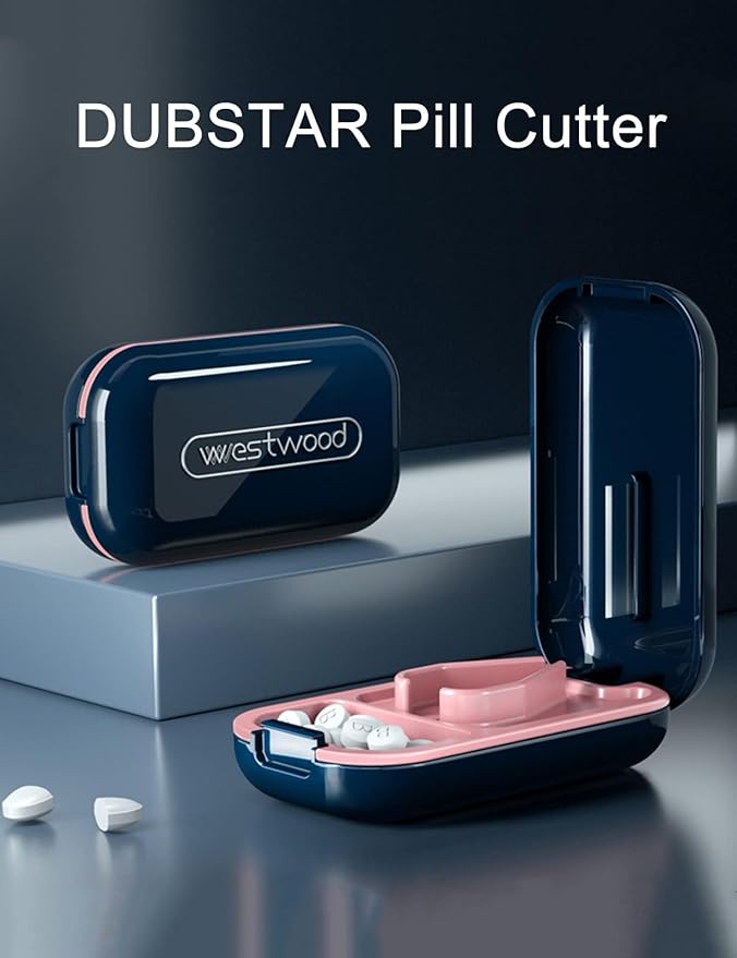 DUBSTAR Pill Cutter Splitter for Small and Tiny Large Pills Portable Blue | Pill Cutters with Removable Silicone Pad, Tablet Splitters Cuts Vitamins Tablets for Purse Pocket