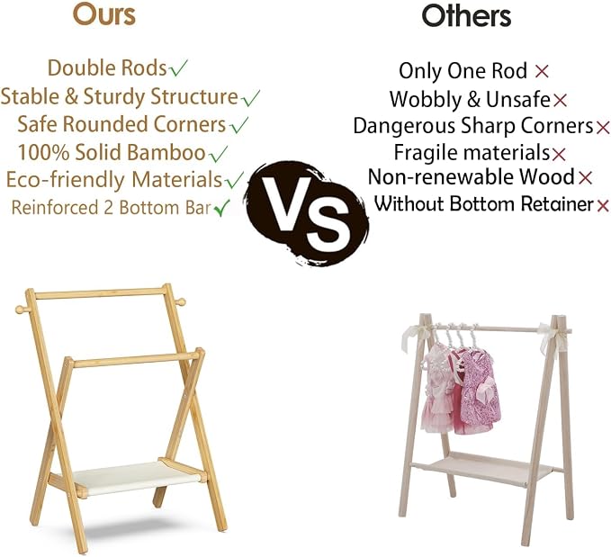 BAMBOOHOMIE Baby Clothing Rack for Baby Shower Pets Dolls, Baby Clothes Rack with Storage Shelf & Double Rods, Toddler Clothes Rack, Mini Closet Baby Shower Rack (Natural)
