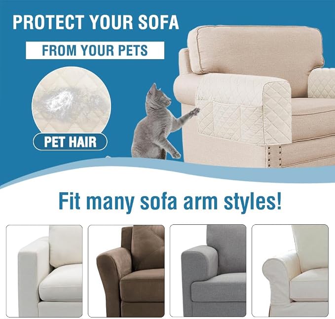 2 Pack Water Resistant Armrest Covers for Chairs and Sofas Couch Arm Covers for Sofa with 3 Pockets for Phone Sofa Arm Protector Washable for Pets, Cats (Ivory)
