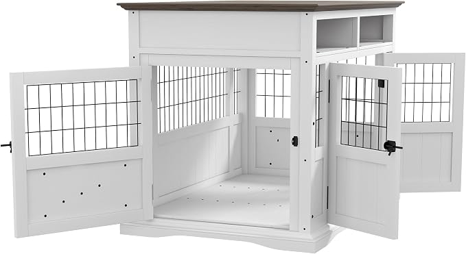PawHut Dog Crate Furniture Side End Table with Storage, 41" Modern Wooden Dog Kennel Furniture with Double Doors for Small and Medium Dogs, White | Wooden Dog Kennel Furniture, Double Doors, for Small and Medium Dogs