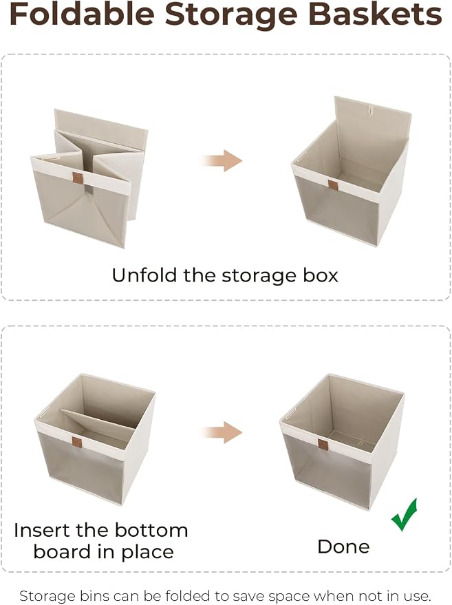 StorageWorks 13x13 Storage Cubes, Fabric Storage Bins, Beige, 3-Pack | Clear Window for Visibility, 2 Soft Leather Handles, Collapsible, Flip to Show/Hide, Storage Baskets for Closet, Shelf, Cubby