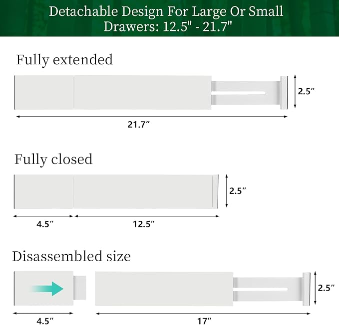 4 Pack Bamboo Drawer Dividers Organizer with Inserts 2.6'' High | Expandable from 12.5-21.7", Adjustable Drawer Organizer Separators for Utensils, Clothing, Office, Dresser, Bedroom, (White)