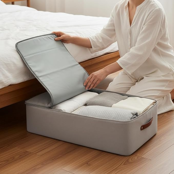 Under Bed Storage Container – Foldable Underbed Storage Bin for Clothes & Bedding, Premium Canvas Storage Box with Lid, Low Profile 8″ Organizer with Handles