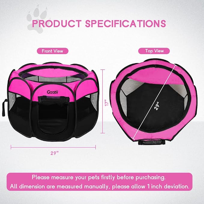 GOOZII Pet Cat Playpen for Indoor Cats Enclosed, Portable Foldable Dog Playpen Outdoor Tent Crate Cage with Zipper Top Cover Door for Kitten Puppy Outside Rv Car Camper (Small Size, Pink)