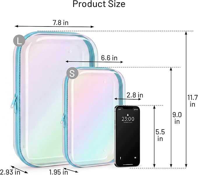 Clear Hard Shell Organizer Cases, 2 Pack | Iridescent PET shell with water-resistant, scratch-resistant surface for travel, toiletries, electronics and daily essentials