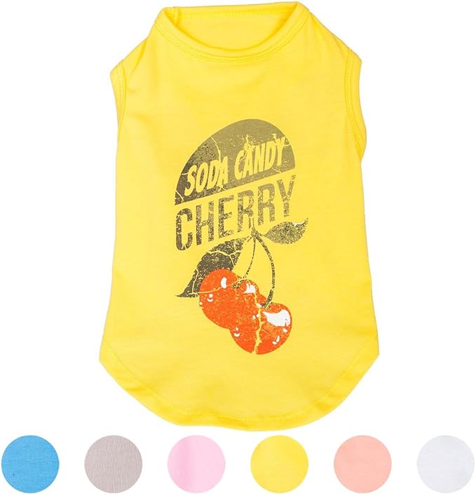 Blueberry Pet Cherry Soda Candy Cotton Dog Tank Top T Shirt in Sunshine Yellow, Back Length 14", Pack of 1 Clothes for Dogs