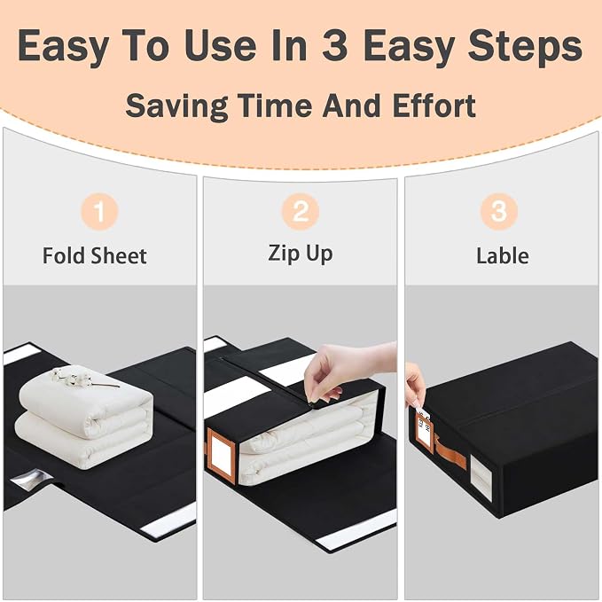 GhvyenntteS 12 Pack Bed Sheet Organizers and Storage, Sturdy Bed Sheet Organizer with Zipper and Handle, Foldable Linen Closet Organizers and Storage with Window and Label, Black