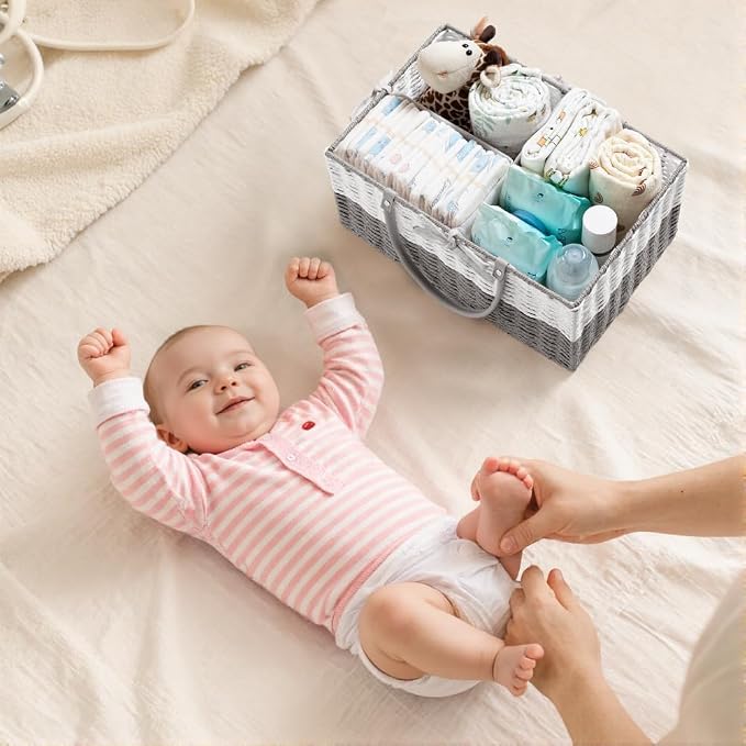 HBlife Baby Diaper Caddy Organizer, Paper Rope Storage Baskets Nursery Bin with Removable Divider, Portable Car Organizer for Diapers, Baby Shower Gifts, Newborn Essentials Must Haves