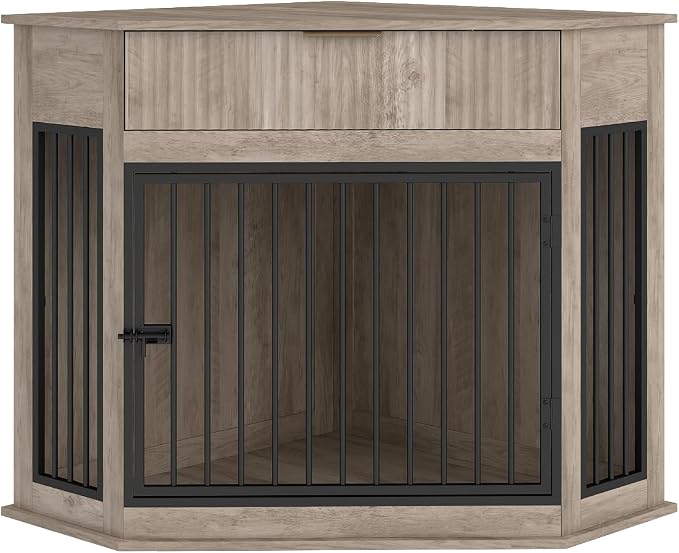 44.6" Corner Dog Crate Furniture for Small Medium Dogs, Modern Medium Size Decorative Dog Crates End Table with Fluted Drawer, Wooden Dogs Cage Kennel Furniture for Home Décor, Grey Oak