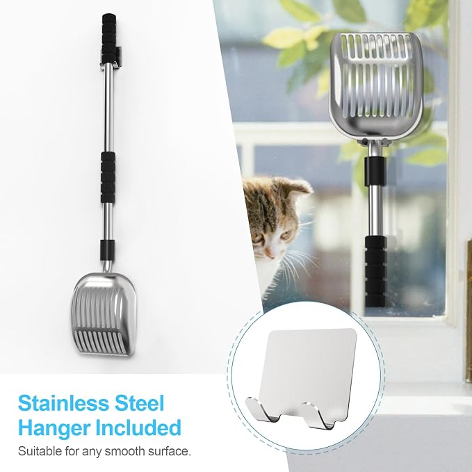 Depets Cat Litter Scoop, Long Handle Metal Litter Scooper - No Bending | Detachable, Deep Shovel, Comfort Foam Grip, Easy & Fast Sifting, Heavy Duty Stainless Steel, Litter Sifter with Storage Hook
