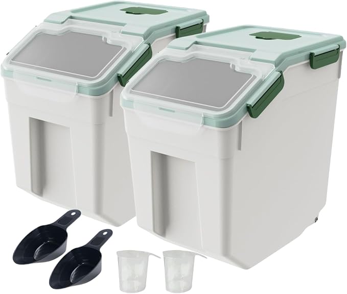 Saim 2 Pack 50lb Flour & Rice Storage Container Bin,Rice Dispenser (Green) | BPA free plastic with seal lid, rolling wheels and measuring scoop, one-hand scooping for rice, flour, cereal and grain