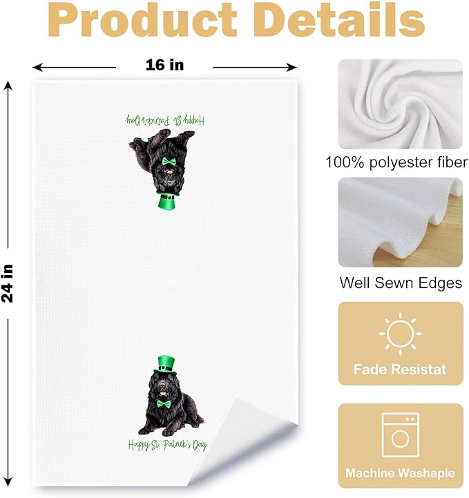St. Patrick's Day Newfoundland Kitchen Towels, Newfoundland Dog Gifts Dish Tea Towel for Kitchen Decor, Irish Leprechaun Hat Dog Hand Towels for Bathroom Decor, 16x24 Inches