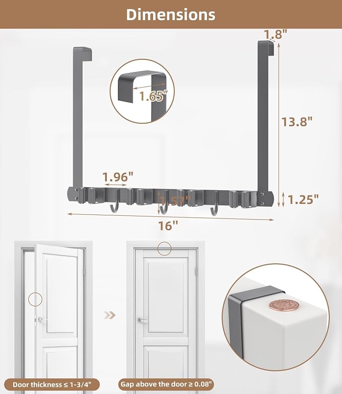Broom Holder Over The Door with Hooks -304 Stainless Steel (Space grey) | Save Space, Anti-Rust & Sturdy, Mop and Broom Holder Wall Mounted or Hanging Over The Door, for Garage Laundry Kitchen