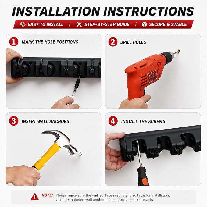 HYRIXDIRECT Broom Hanger Wall Mount, Broom Mop Organizer for Garage | 5 slots, 6 hooks, 7.5 lbs/slot, heavy-duty, space-saving, fits long-handled tools, mops, rakes, shovels, garage, shed