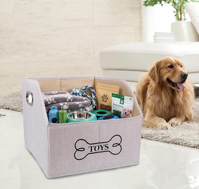 Large Dog Toy Storage Bin, Foldable Trapezoid Box with Handles | Canvas Fabric,Large Capacity, for Pet Supplies,Pet Toy Organizer Basket, Sturdy Metal Handles ,Easy Carry pet storage-Beige