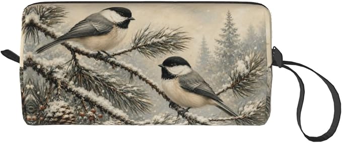 Chickadee Pair on Snowy Pine Makeup Bag for Women, Cosmetic Pouch | Double-Sided Winter Chickadee Cosmetic Organizer with Foam Padding for Women, Travel, Gym, School, and Daily Storage