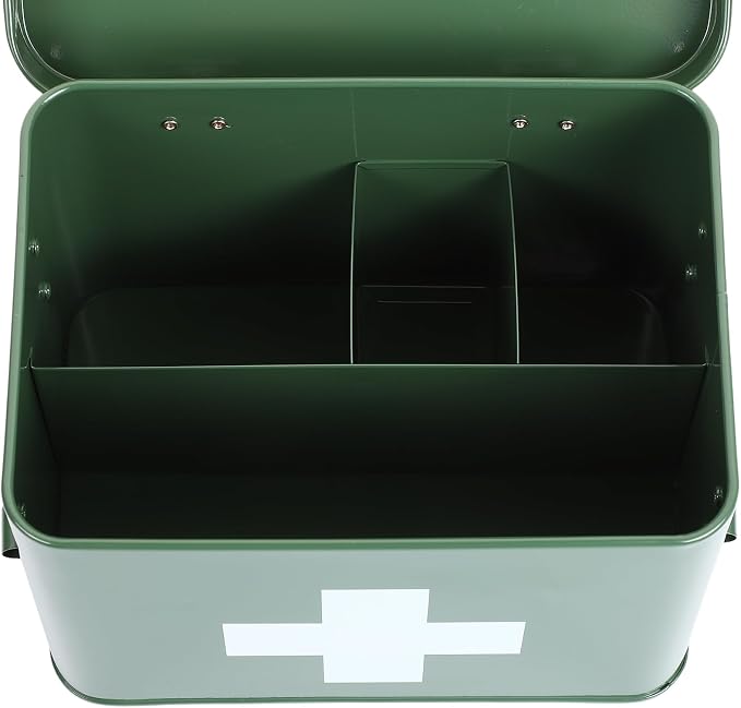 Lassos Boutique Retro Enameled First Aid Box for Medicine Storage and Home Decor with Lid and Removable Tray (Green/White)