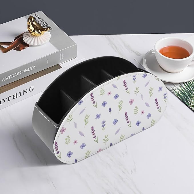 TV Remote Control Holder Purple Lavender Floral Desktop Storage Caddy Box | Pu Leather Makeup Organizer, 5 Compartments, Purple Lavender Floral Flower Botanical, Fit for Media Player, Office Supplies