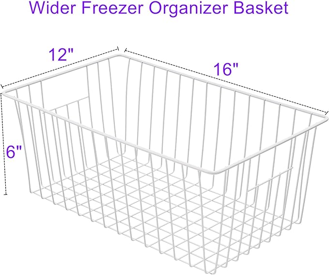 16Lx12W inch Wider Freezer Storage Organizer Baskets Container, Deep Metal Wire Chest Upright Refrigerator Divider Bins with Built-in Handles for Cabinet, Pantry, Closet, Kitchen(4)