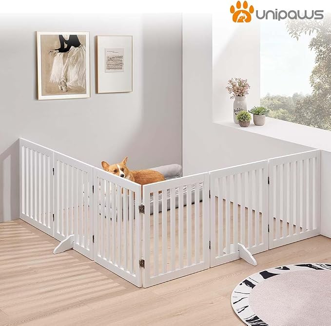 unipaws 120" Extra Wide Pet Gate and Pet Playpen Combination for Dog Cat | 24” Height Free Standing Dog Gate for Doorways, Stairs, Foldable Puppy & Room Divider, Indoor Use