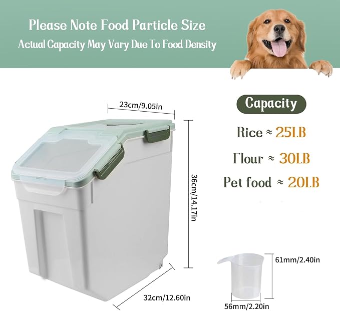 25LB Large Flour Storage Container Bin,Green Airtight Plastic with Wheels Seal Locking Lid Dispenser Organizer Storage Bin with Measuring Cup & Scoop for Flour, Rice, Grain,Set of 4