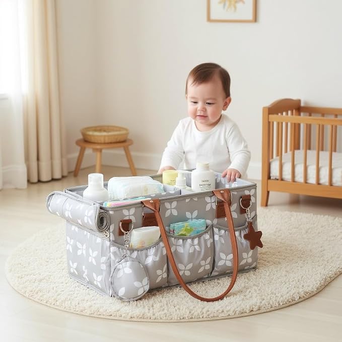 Diaper Caddy with Changing Mat, Large Baby Diaper Caddy Organizer with Lid, Portable Organizer Basket for Nursery and Car, Shoulder Strap and Pacifier Organizer