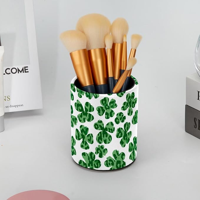 Faux Leather Pen Holder for Desk, Pencil Organizer Shamrock Pen Cup Desk Decor Makeup Brush Holder Storage for Office Home