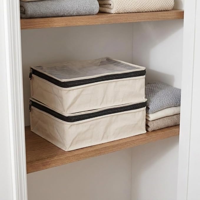 Household Essentials Canvas Sweater Storage Bags, 2-Pack, Breathable Cotton, Under-Bed Zippered Storage with Clear Top Window, Stackable, Cedar Insert Compatible (Not Included), Natural