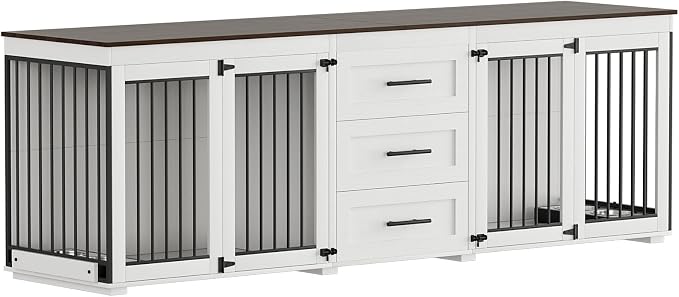 OUYESSIR 94.5" Double Dog Crate Furniture for Medium Large Dogs, White | Extra large dog kennel fits 2 Medium or large dogs, 3 Storage Drawers, 4 removable Stainless steel dog bowls, Solid Wood