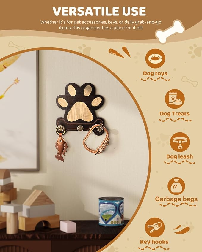 MTERSN Pine Wood Dog Leash Holder for Wall with 3 Hooks, Dark Brown