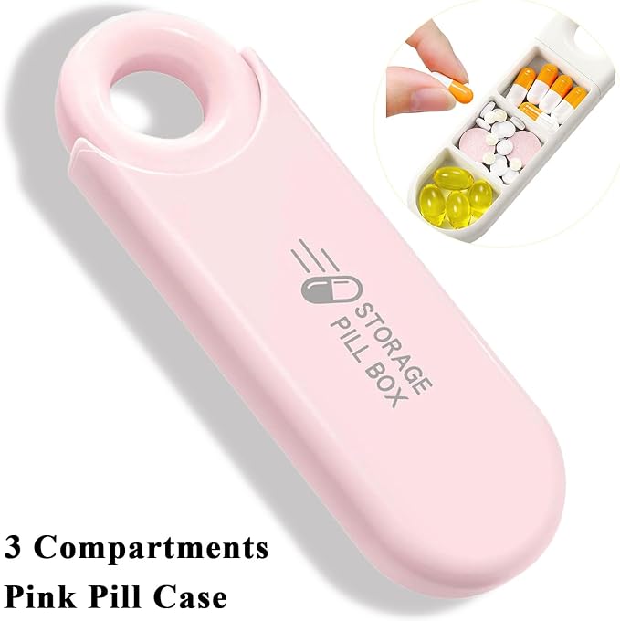 Small 3 Compartment Daily Pill Organizer, Portable Travel Size | Pill Box with Pull Tab, Cute Carry-on Medicine Case Holder Dispenser for Vitamin, Fish Oil, DHA, Pink