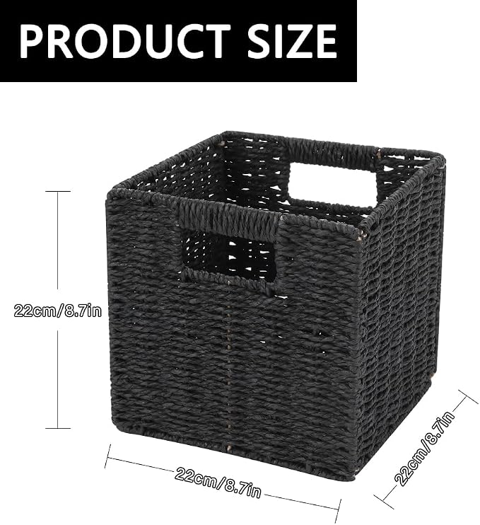 6 Pack 8.7 Inch Wicker Baskets | Hand Paper Rope Storage Baskets,Foldable Cube Storage Bins Organizer Square Wicker Cubes for Shelves (Black)