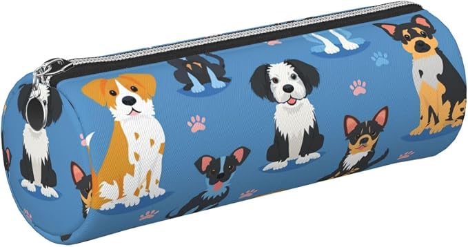 OSAM SPACE Leather Pencil Case Round Pencil Bag Cute Dogs Breeds Pen Organizer Holder Portable Zipper Pouch Cute School Supplies for Girls Boys Study Office