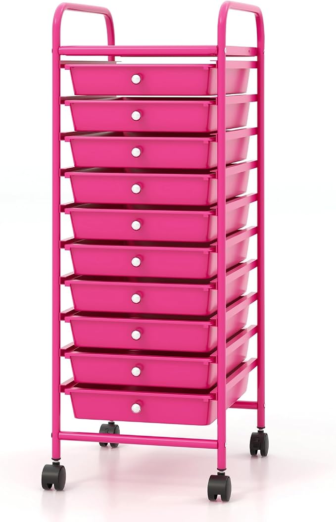 10 Drawer Rolling Storage Cart, Organization Cart on Drawers for Craft Makeup Paper Tool Art Supply, Versatile Utility Cart on Wheels for Home Office Classroom School (Hot Pink)