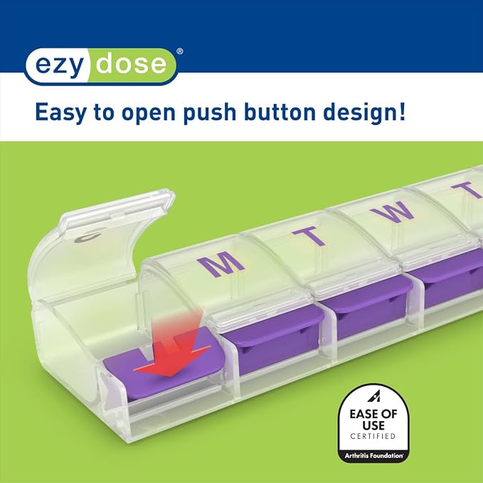 EZY DOSE Weekly (7-Day) Pill Case, Medicine Planner, Daily Vitamin Organizer Box, X-Large Push-Button Compartments, Convenient and Easy to Use, Arthritis Friendly, Clear Lids, Color May Vary, BPA Free