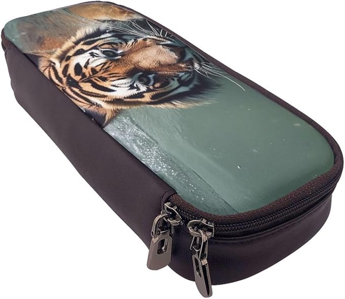 Leather Pencil Case Organizer Big Capacity Pencil Pouch Storage Bag With Compartments Cute Pencil Bag Tiger Swimming Pen Box Portable Cosmetic Makeup Bag Organizer