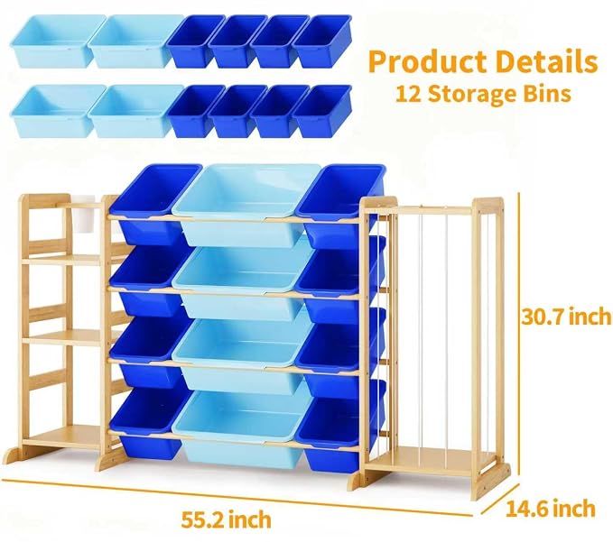 Toy Storage Organizer with Bookshelf and Stuffed Animal Storage - Kids Playroom Organization with Shelves and 12 Toy Bins - Toddler Living Room Toy Box for Lego - Nursery Bedroom Decor Essential