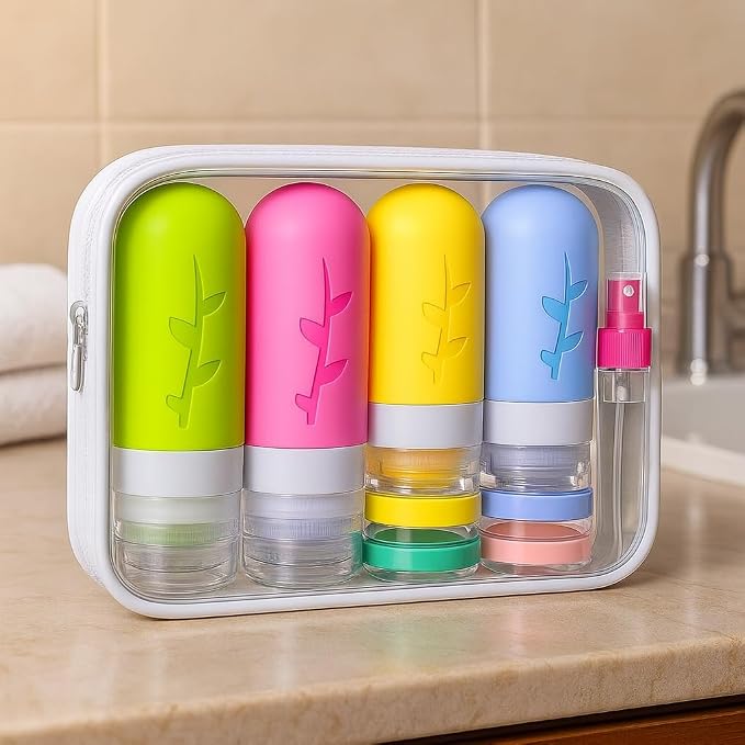 Tocelffe TSA Approved Travel Bottles Set – 18 Piece Leak-Proof Silicone Toiletry Kit with Clear Bag, Refillable Bottles, Jars, Spray Bottle & Accessories for Shampoo, Lotion and Body Wash