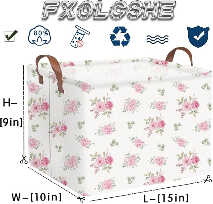 Rectangular Rose Pink Flower Basket for Girls,Waterproof collapsible laundry basket for girls,Kids Storage Baskets,Books Box,Gift Baskets,Baby Room Decor(Pink Flowers)