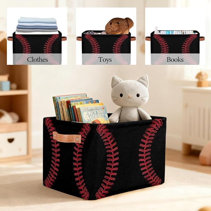 Storage Baskets Bin, Black Baseball Red Stitching Collapsible Canvas Fabric Storage Bin Decorative Baskets Toy Organizer Rectangle Storage Boxes with handles for Home Shelves Nursery,1Pack,C-04
