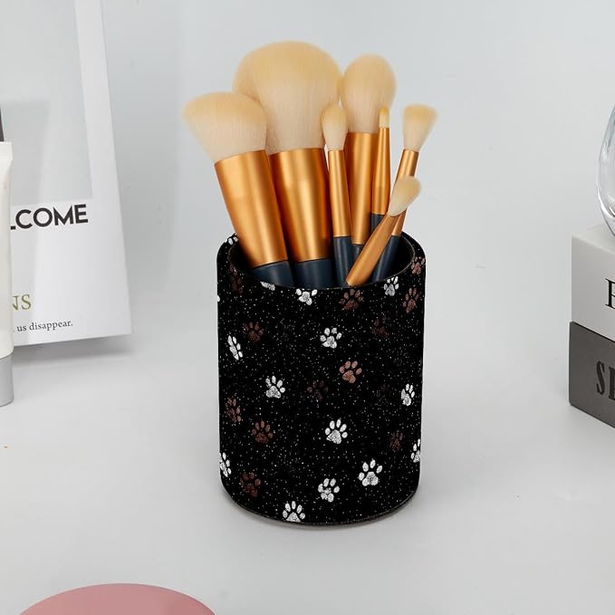 Faux Leather Pen Holder for Desk, Pencil Organizer Pet Paw Prints Pen Cup Desk Decor Makeup Brush Holder Storage for Office Home
