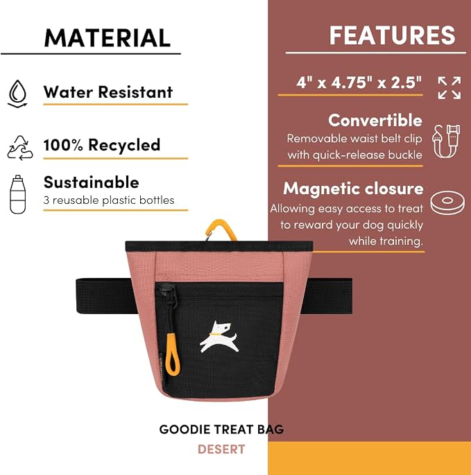 OllyDog, Goodie Treat Bag, Dog Treat Training Pouch | Magnetic Closure | 3 Ways to Wear | Hands-Free Waist Belt | Water-Resistant Recycled Vegan Fabric (Desert)